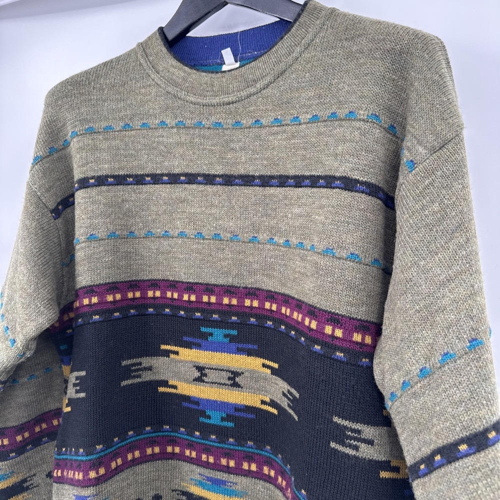 Vintage 90s Made in‎ Italy Knit Sweater Green Multi Wool Blend South Western Sm